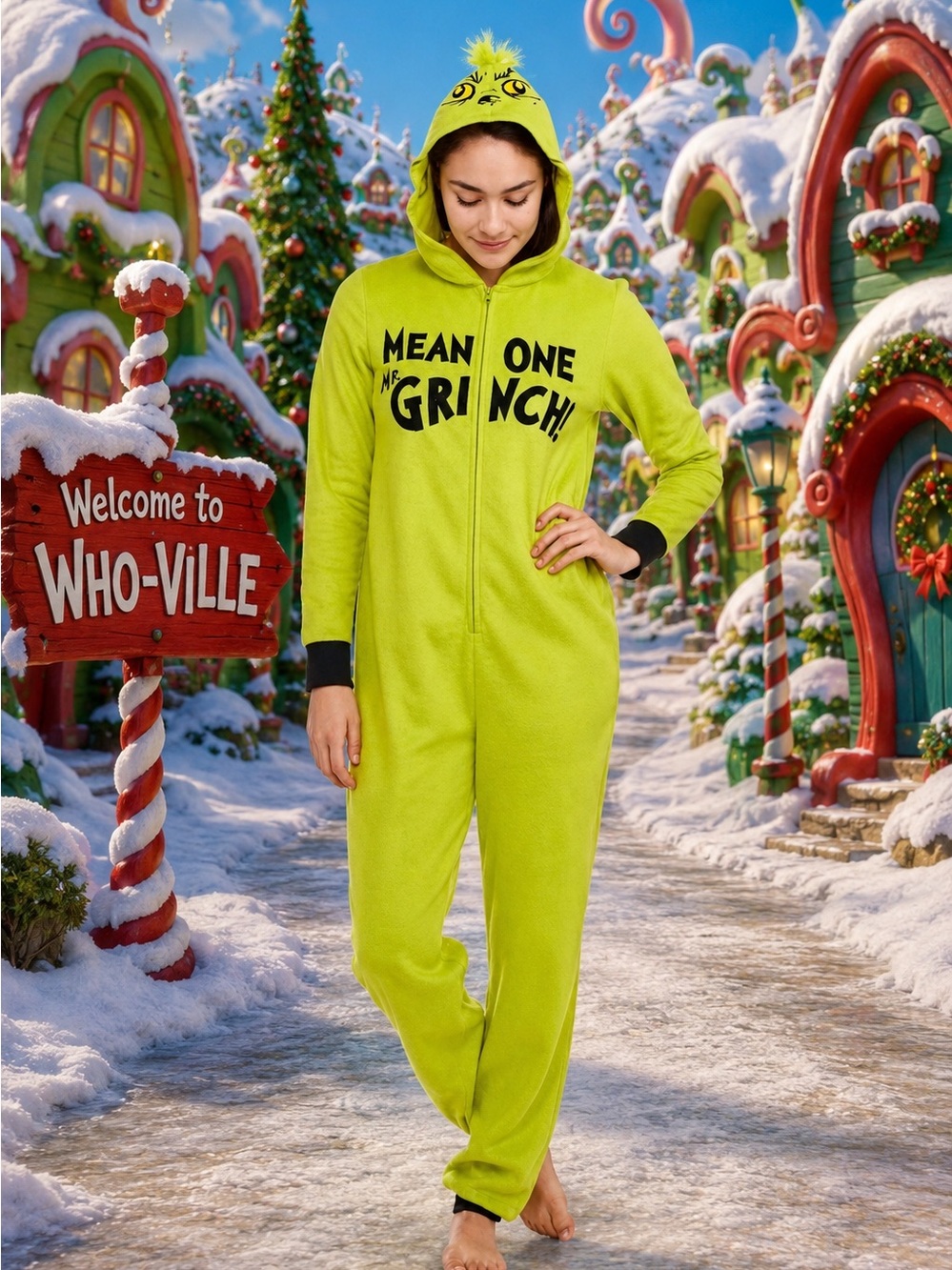 🎄 NWT Dr. Seuss The Grinch “Mean One Mr. Grinch” Hooded Onesie Pajama Women’s XS